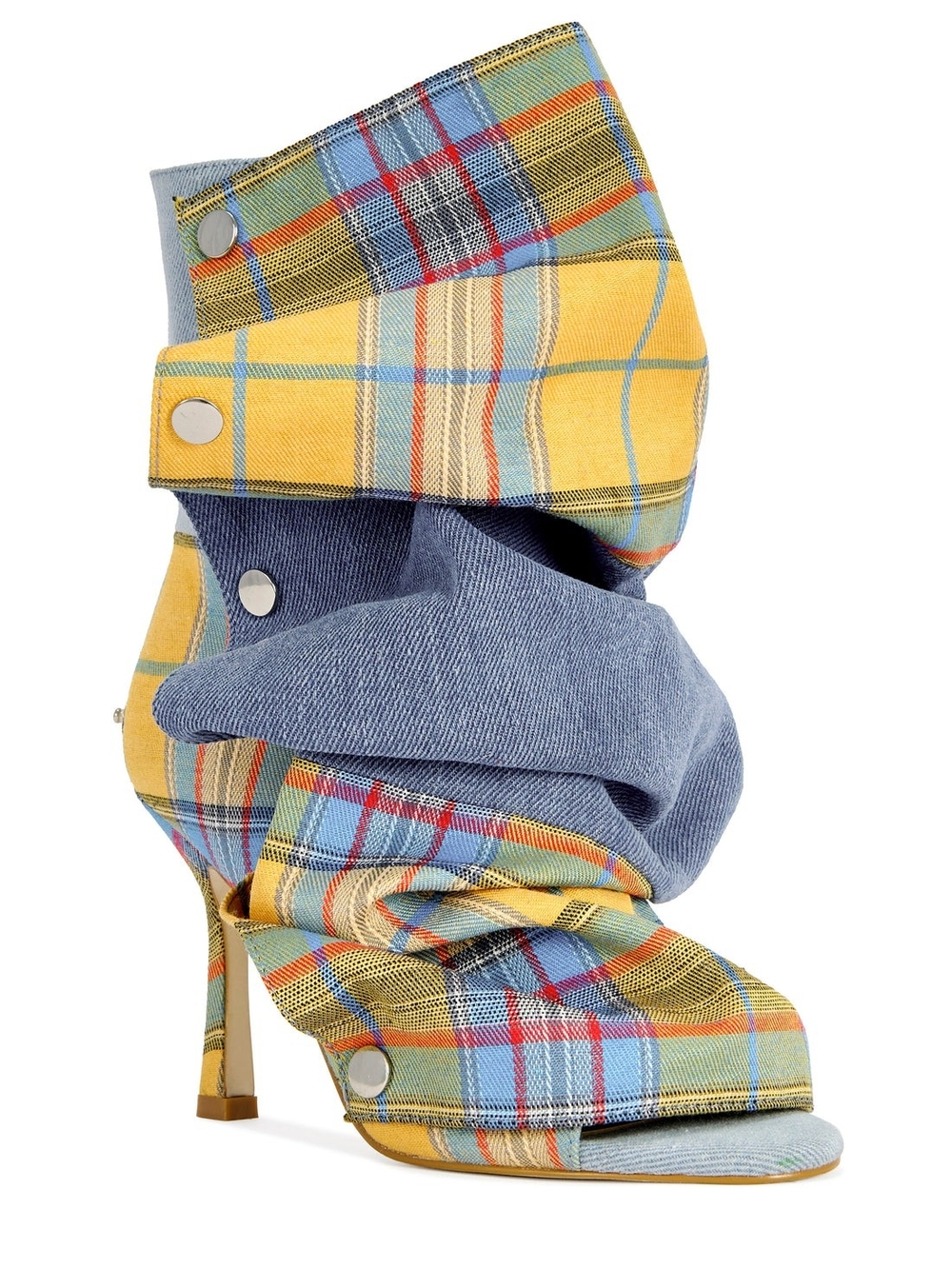 NEW * Azalea Wang Birdsong Denim Plaid Yellow Slouch High-Heel Bootie 10